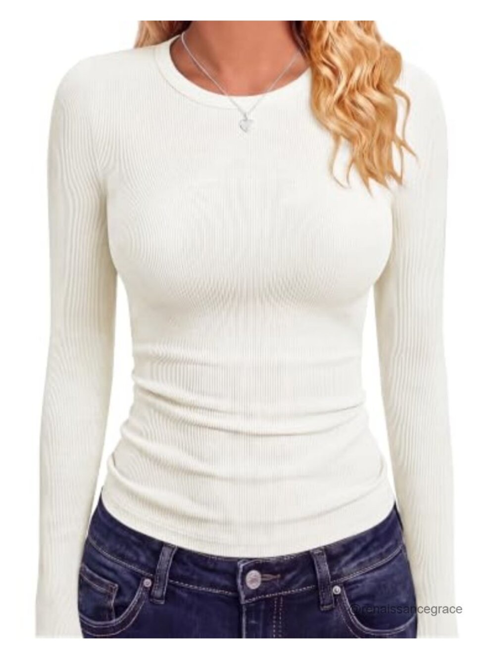 Ribbed Long Sleeve Fitted Crew Neck Top Stretch Layering Tee